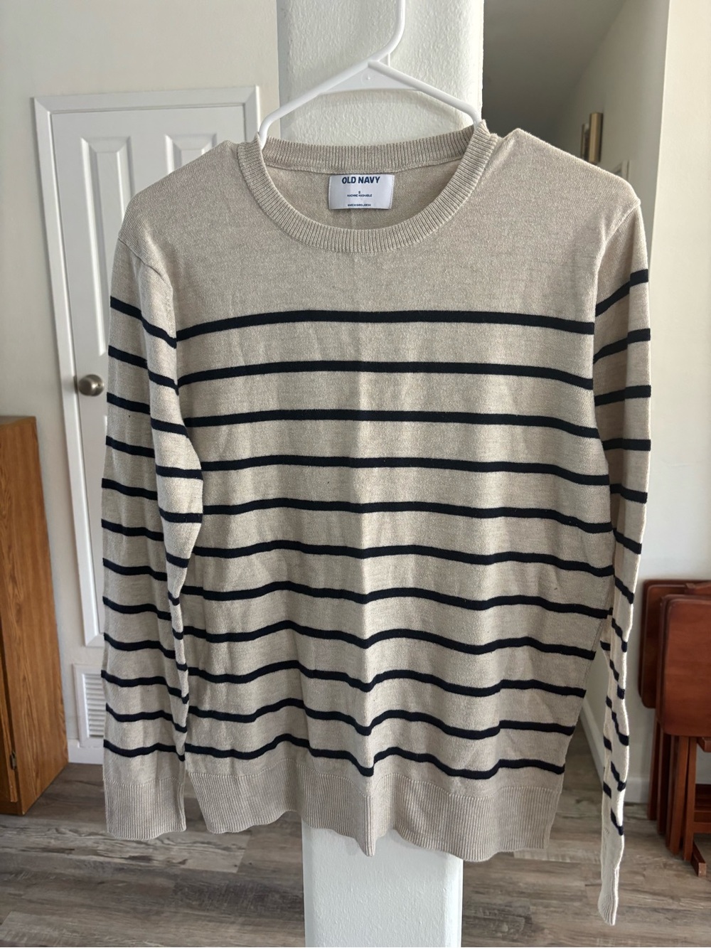Old Navy Beige & Navy Striped Crewneck Sweater